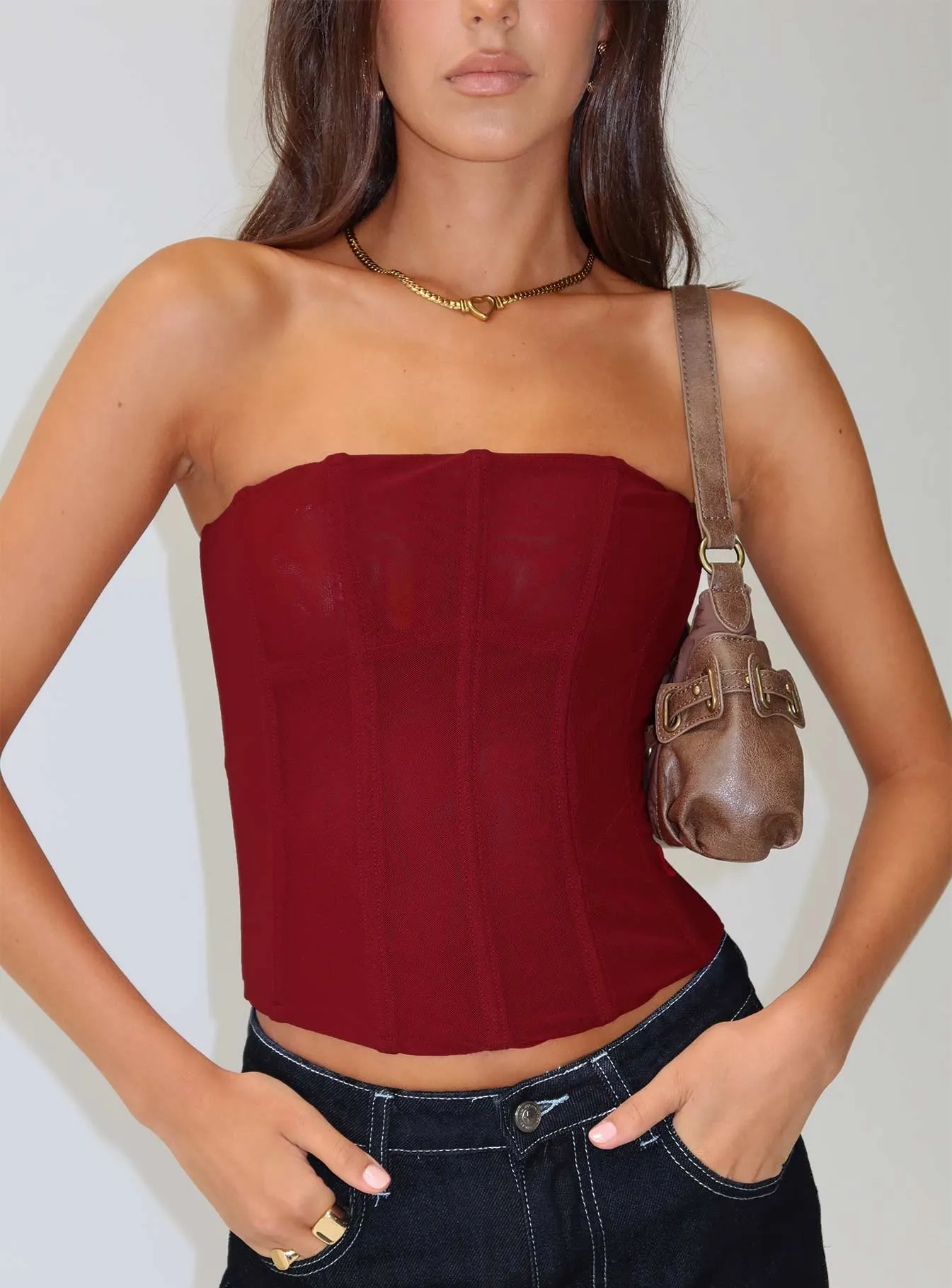 Oscuro Longline Mesh Corset Top Berry sold by Princess Polly