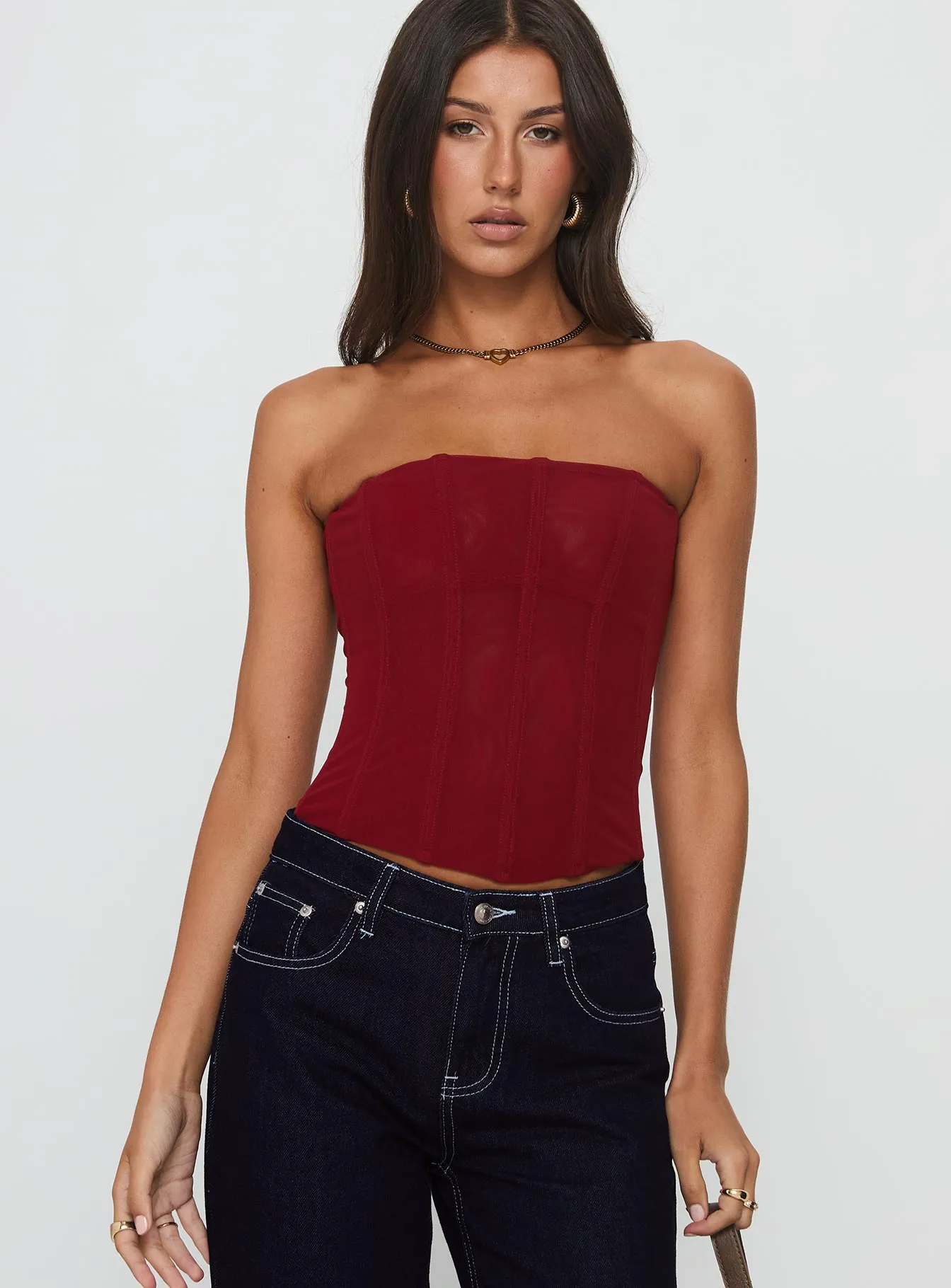 Oscuro Longline Mesh Corset Top Berry sold by Princess Polly product image thumbnail 2