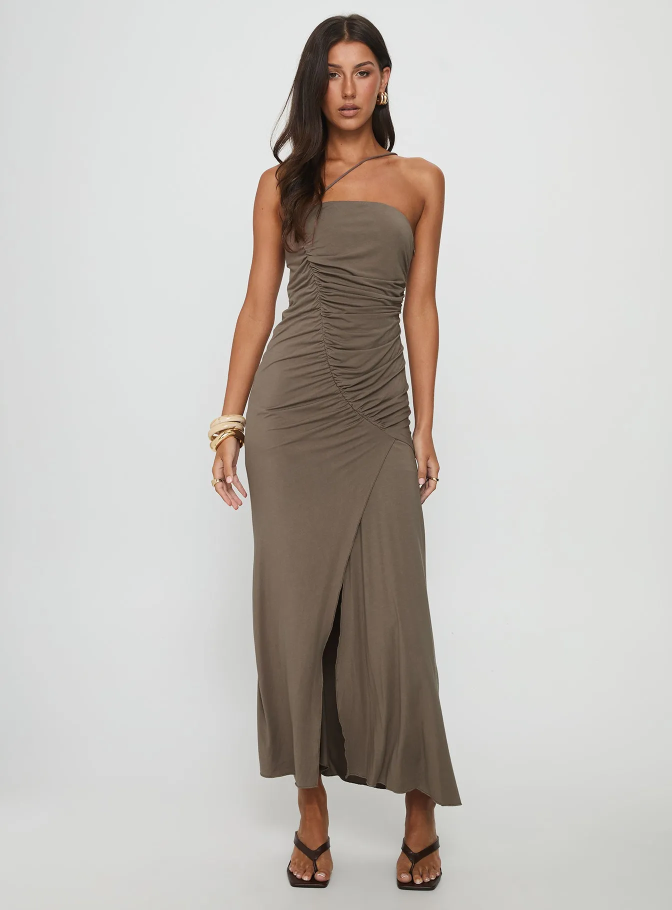 Romanie One Shoulder Ruched Maxi Dress Taupe sold by Princess Polly product image thumbnail 2