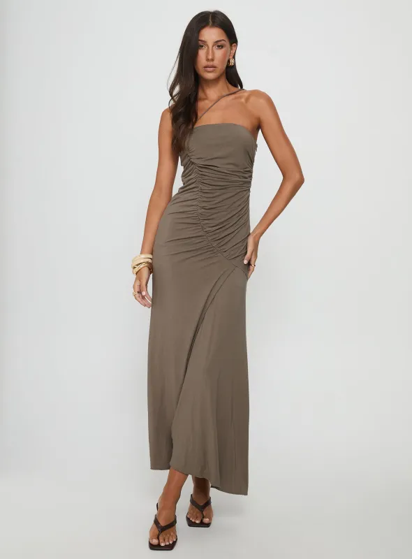 Romanie One Shoulder Ruched Maxi Dress Taupe sold by Princess Polly
