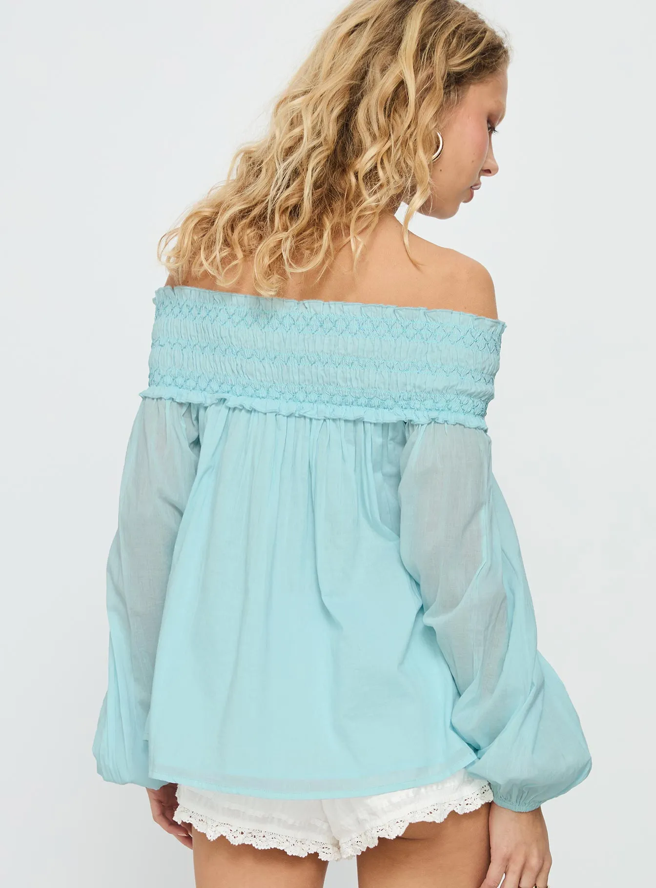 Heidy Off Shoulder Shirred Long Sleeve Top Blue sold by Princess Polly product image thumbnail 5