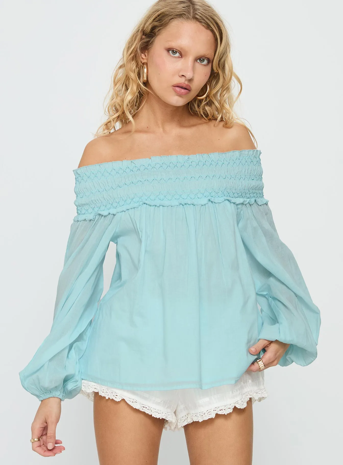 Heidy Off Shoulder Shirred Long Sleeve Top Blue sold by Princess Polly product image thumbnail 2