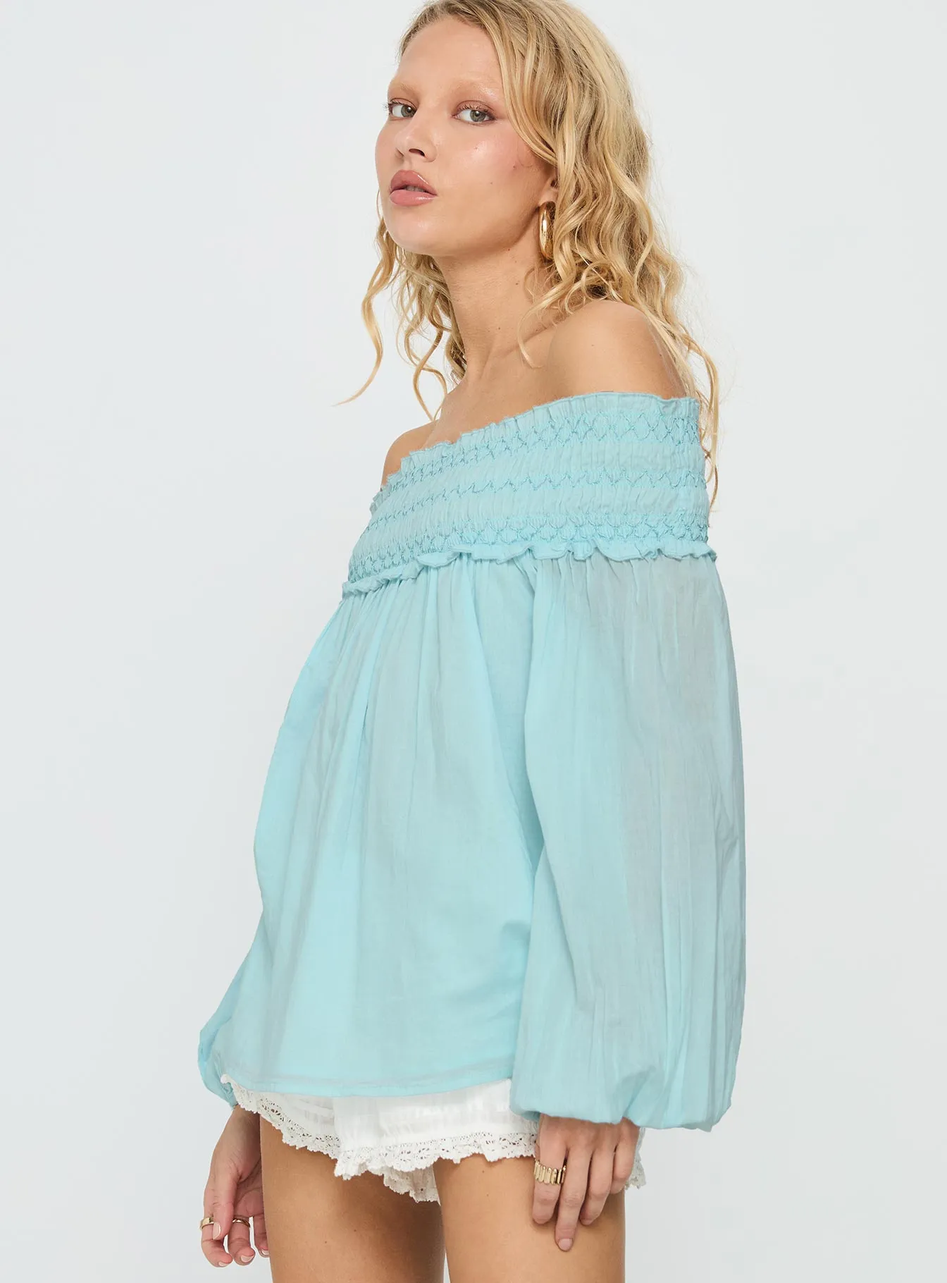 Heidy Off Shoulder Shirred Long Sleeve Top Blue sold by Princess Polly product image thumbnail 4