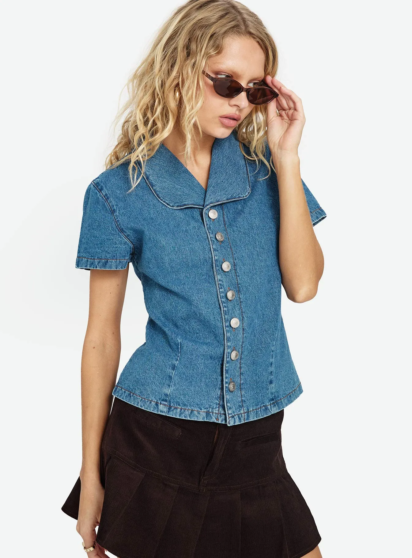 Ellix Button Up Top Blue Denim sold by Princess Polly
