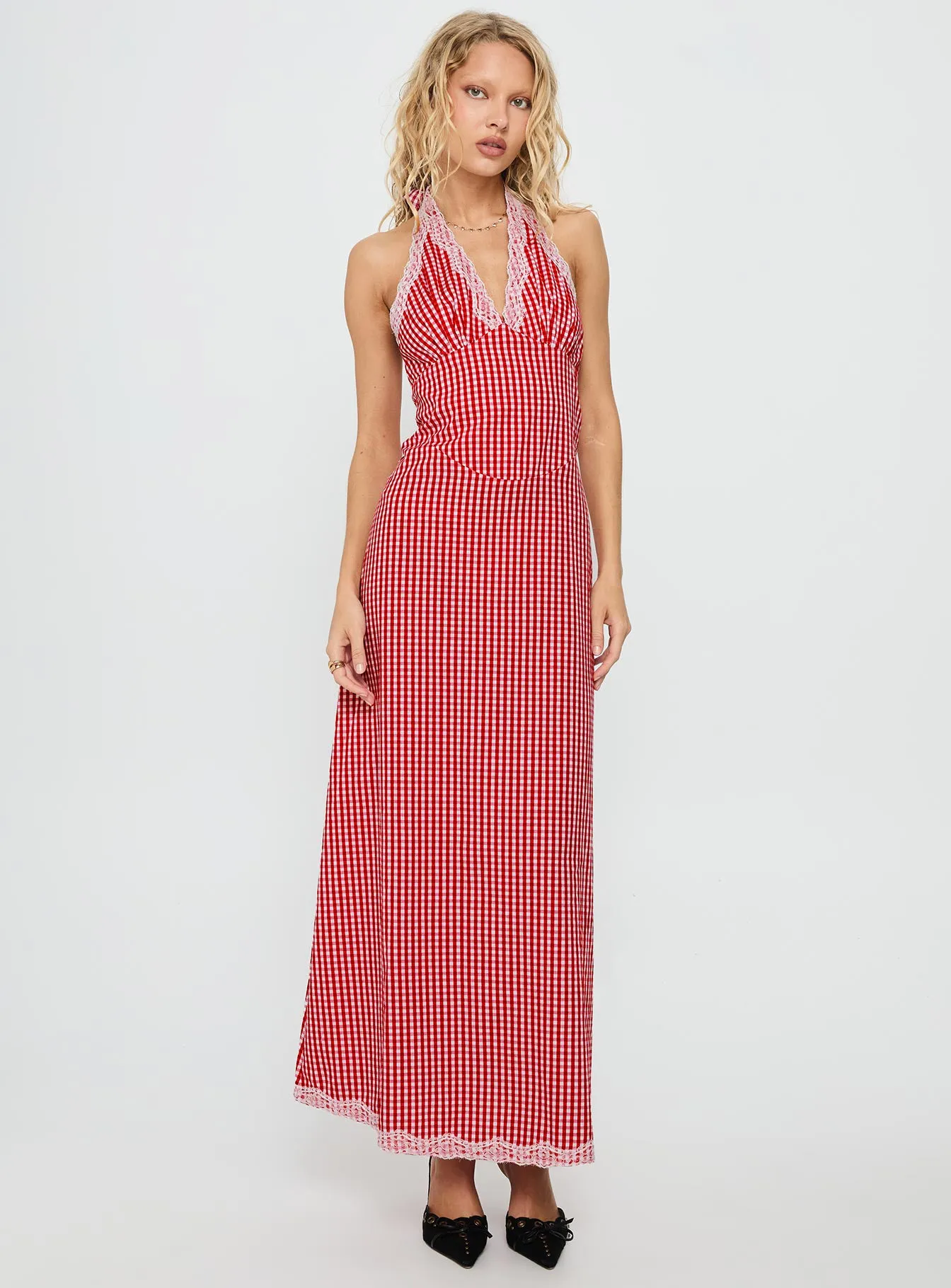 Betsie Halter Lace Maxi Dress Red Gingham sold by Princess Polly product image thumbnail 3