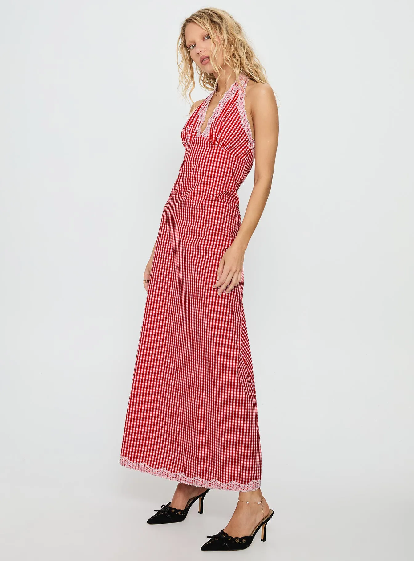 Betsie Halter Lace Maxi Dress Red Gingham sold by Princess Polly product image thumbnail 4