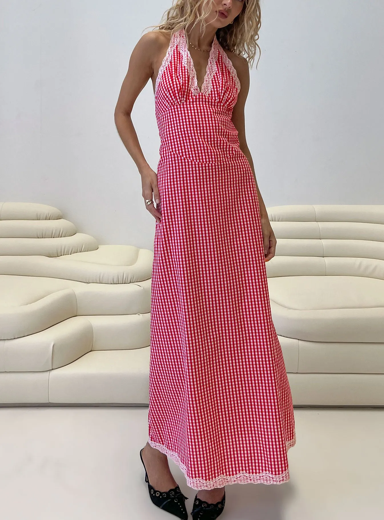 Betsie Halter Lace Maxi Dress Red Gingham sold by Princess Polly