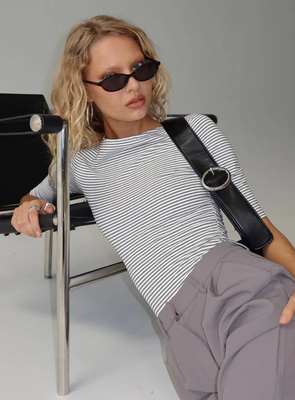 Here One Moment 3/4 Sleeve Bodysuit Black / White Stripe sold by Princess Polly