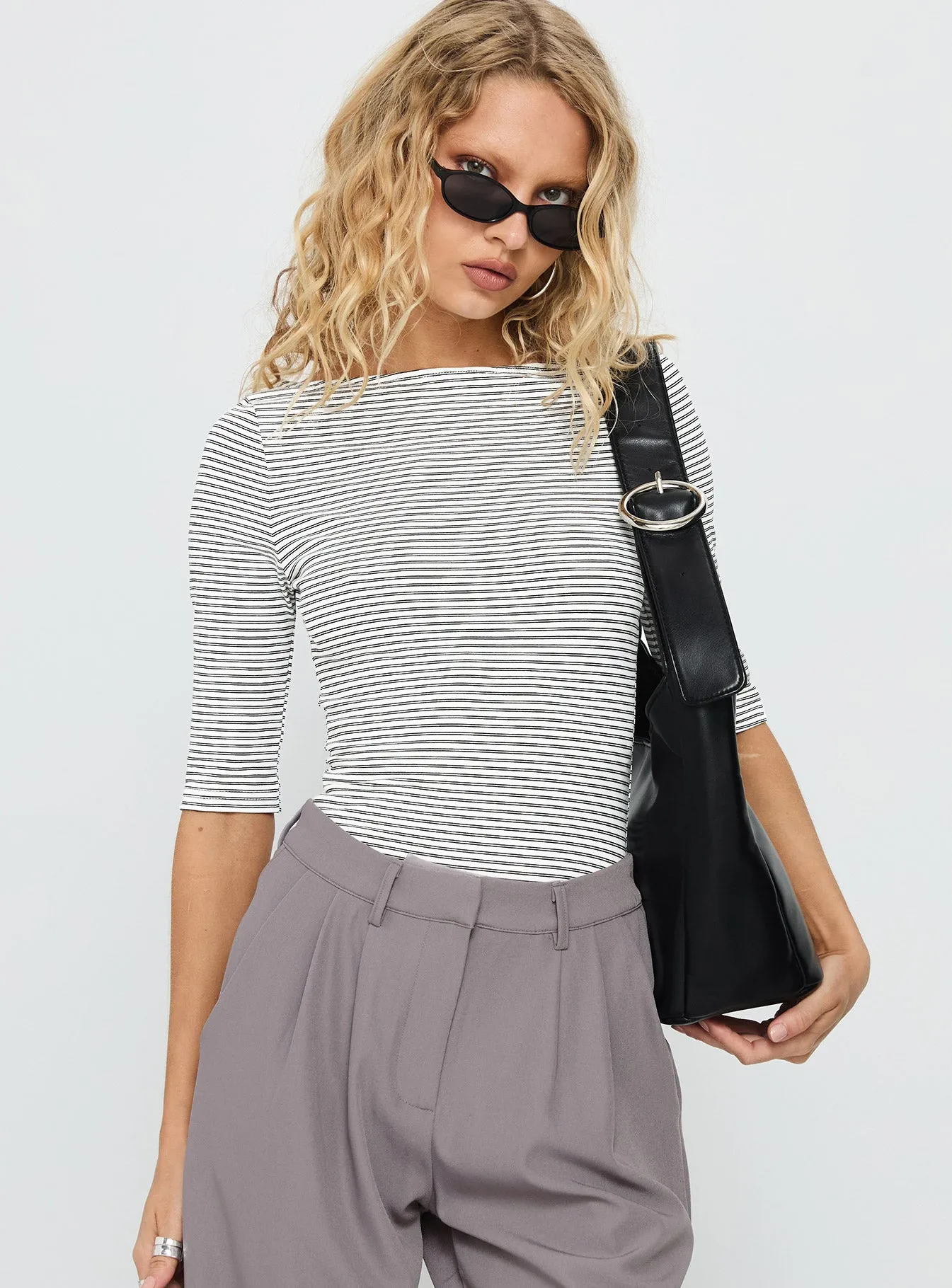 Here One Moment 3/4 Sleeve Bodysuit Black / White Stripe sold by Princess Polly product image thumbnail 2