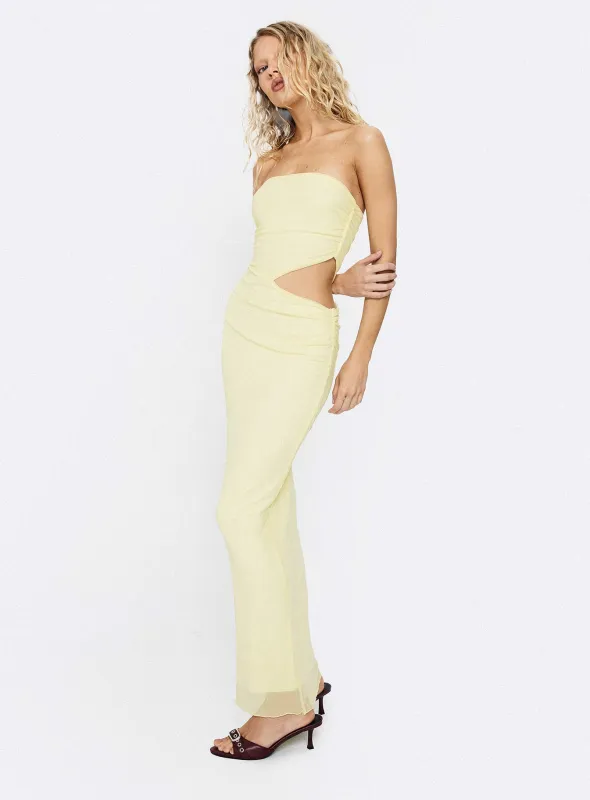 Tyllie Strapless Cut Out Maxi Dress Yellow sold by Princess Polly