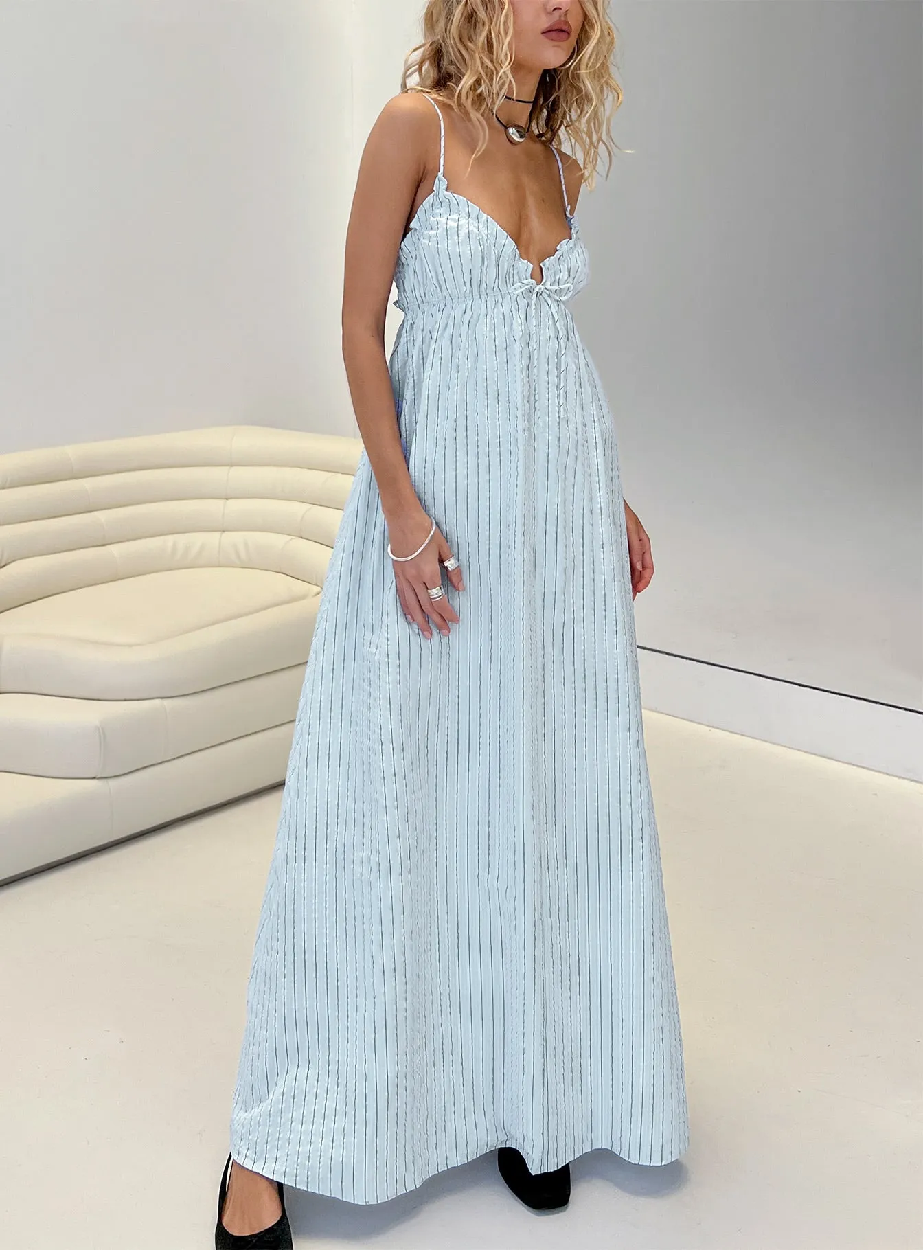 Avelyn Shirred Maxi Dress Blue Stripe sold by Princess Polly
