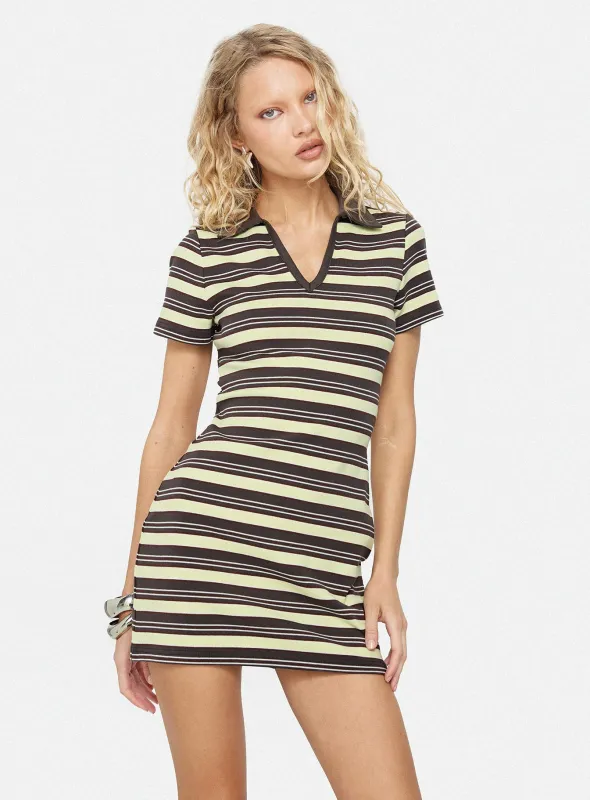 Zuria Collared V-neck Mini Dress Brown / Yellow Stripe sold by Princess Polly