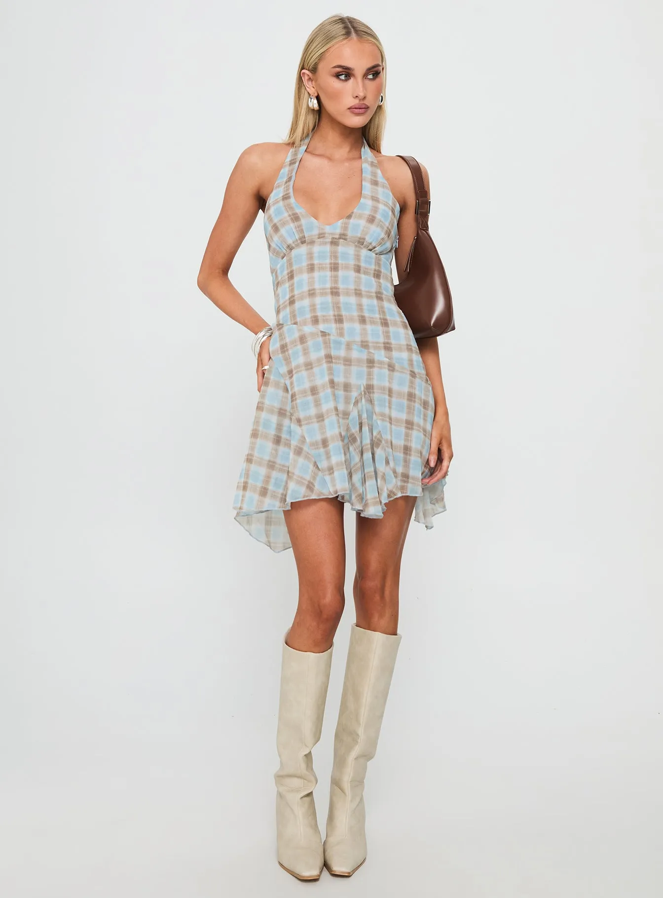 Valorie Halter Mini Dress Blue Check sold by Princess Polly product image thumbnail 3