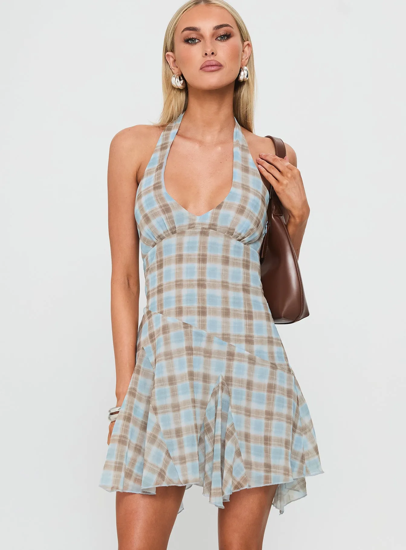 Valorie Halter Mini Dress Blue Check sold by Princess Polly product image thumbnail 2