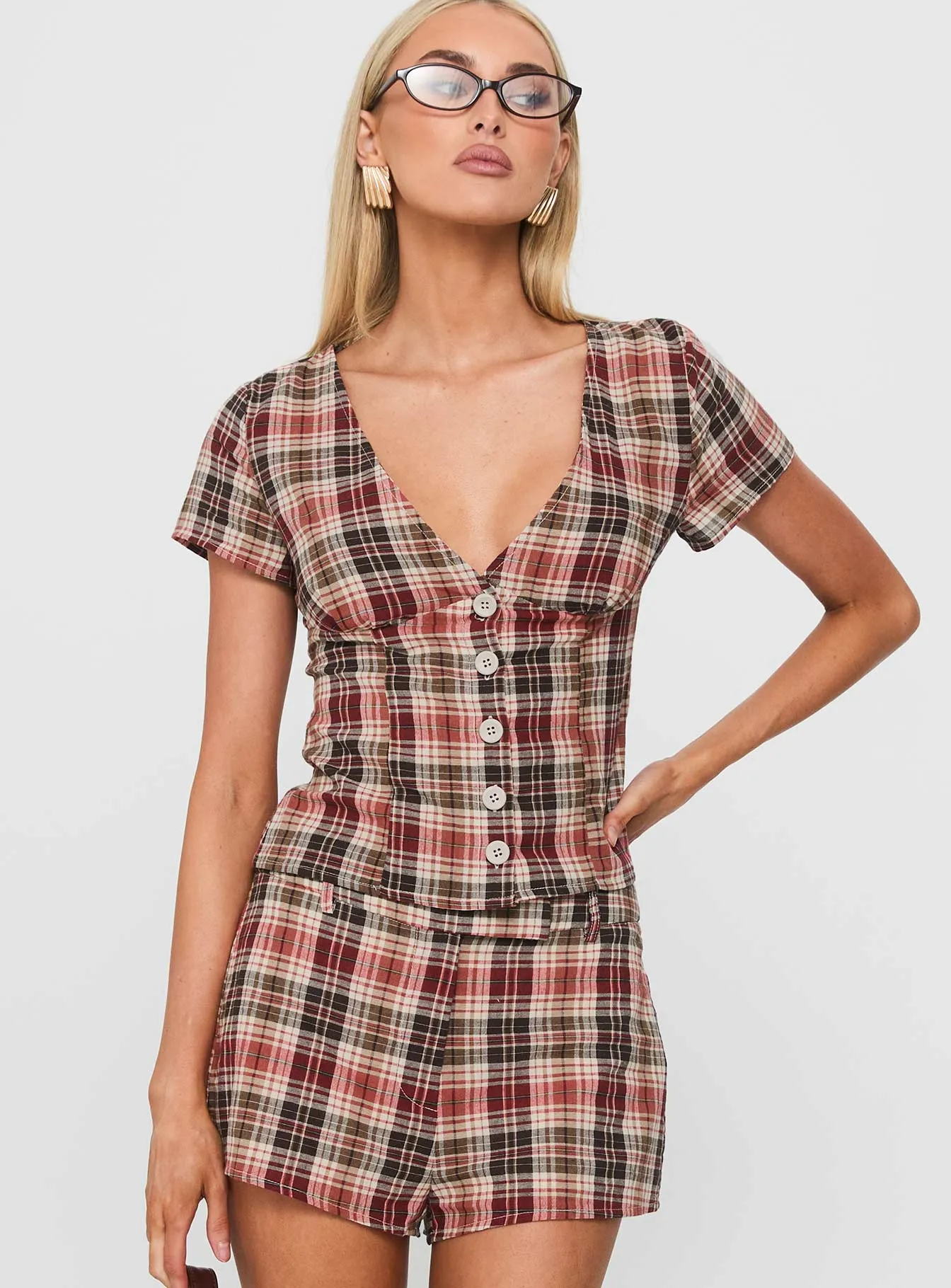 Odera Button Up Blouse Top Red Check sold by Princess Polly product image thumbnail 2