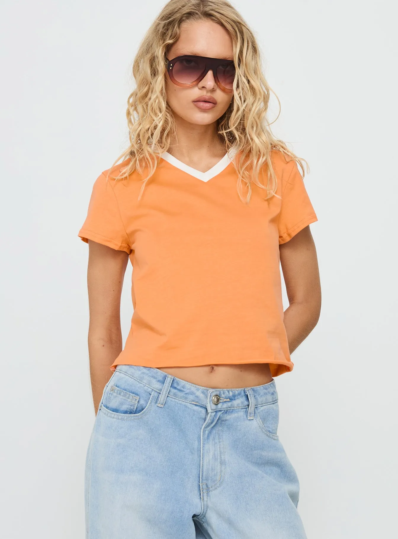 That Way V Neck Top Orange / White sold by Princess Polly