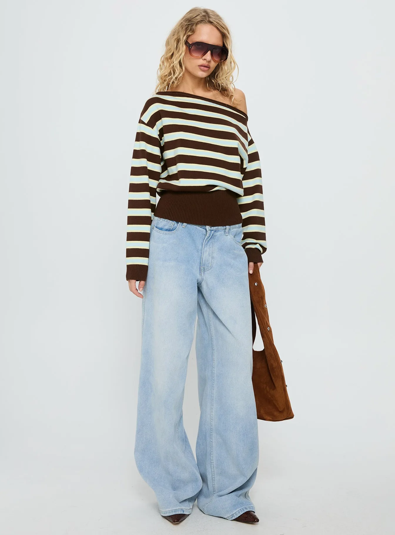Zinia Off Shoulder Knit Sweater Brown / Blue Stripe sold by Princess Polly product image thumbnail 3