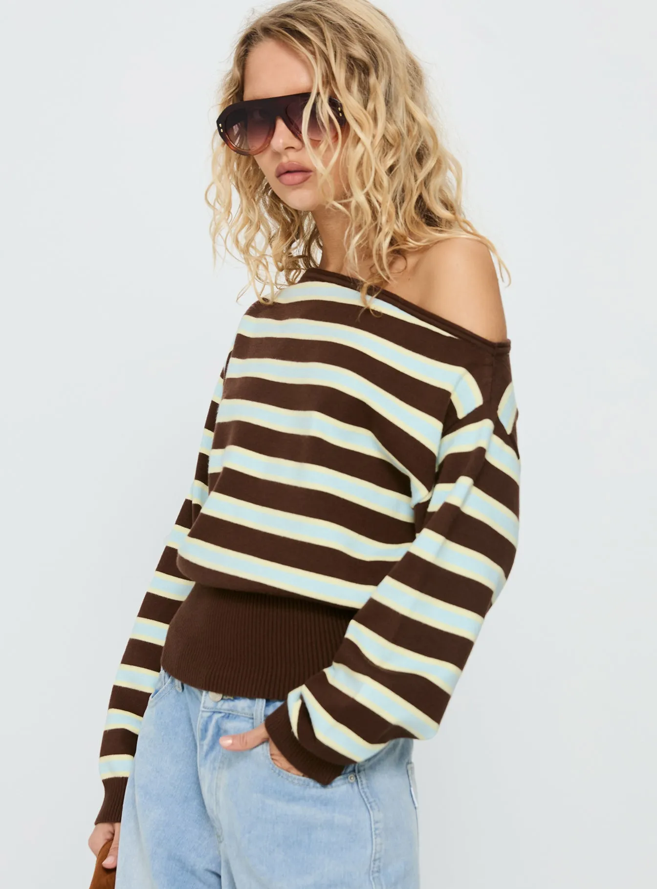 Zinia Off Shoulder Knit Sweater Brown / Blue Stripe sold by Princess Polly product image thumbnail 4