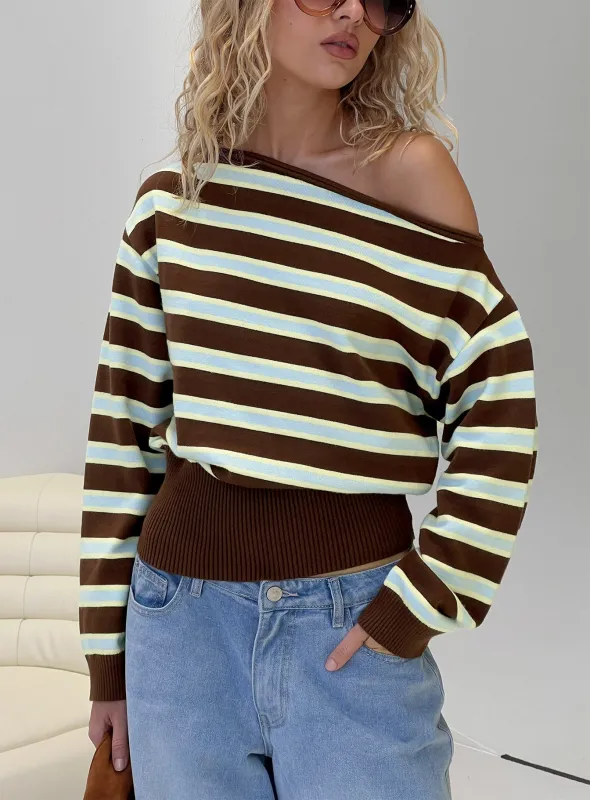 Zinia Off Shoulder Knit Sweater Brown / Blue Stripe sold by Princess Polly
