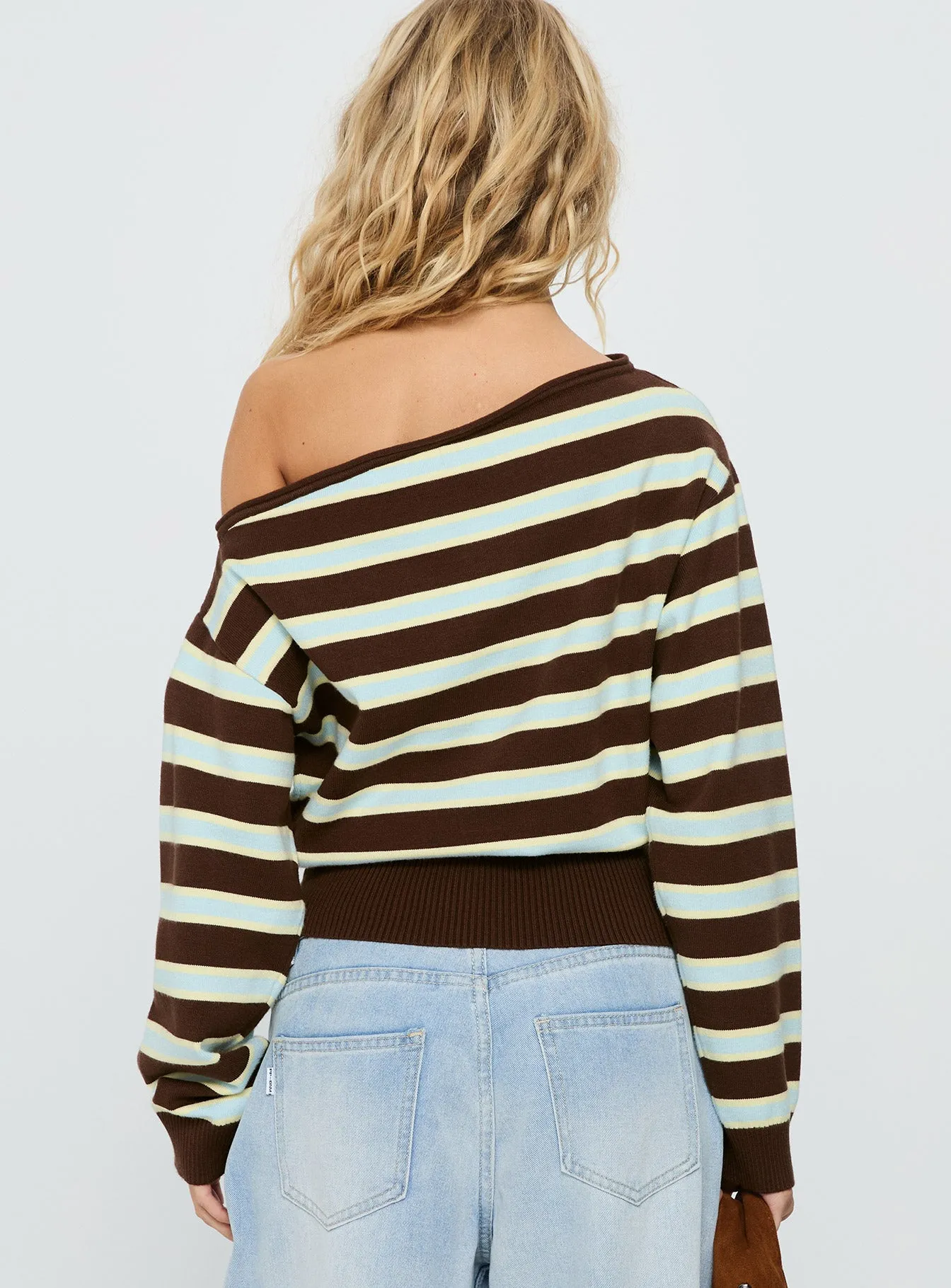 Zinia Off Shoulder Knit Sweater Brown / Blue Stripe sold by Princess Polly product image thumbnail 5