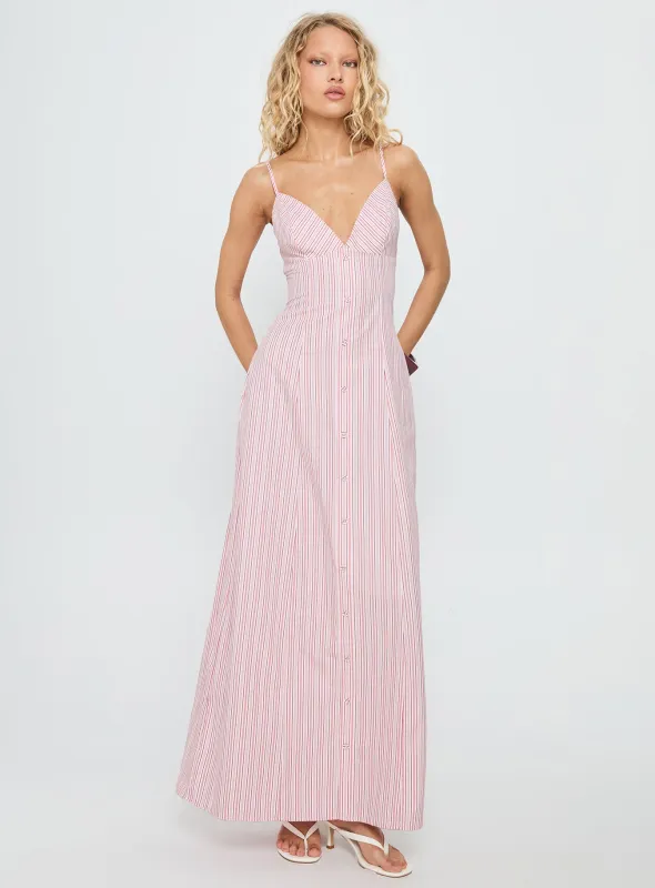 Samiyah Button Down Maxi Dress Red Stripe sold by Princess Polly