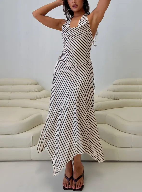 Junipa Halter Asymmetrical Maxi Dress White Stripe sold by Princess Polly