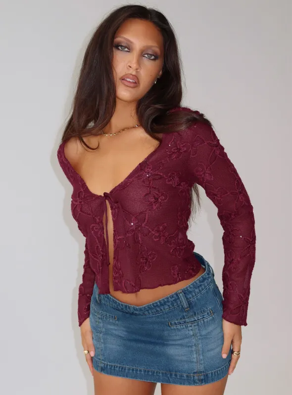 Sukita Long Sleeve Top Burgundy sold by Princess Polly