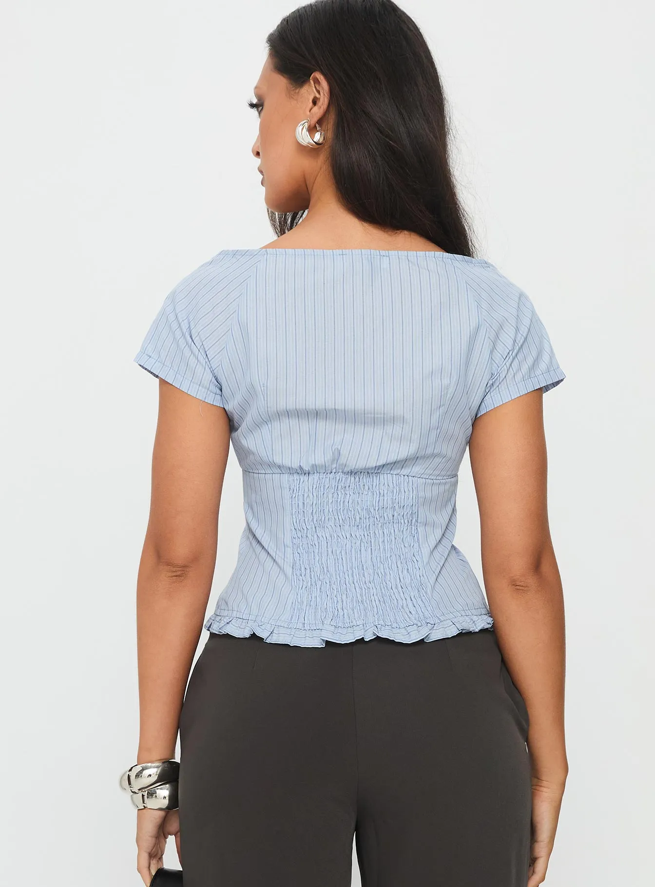 Nymera Short Sleeve Blouse Top Blue Stripe sold by Princess Polly product image thumbnail 4