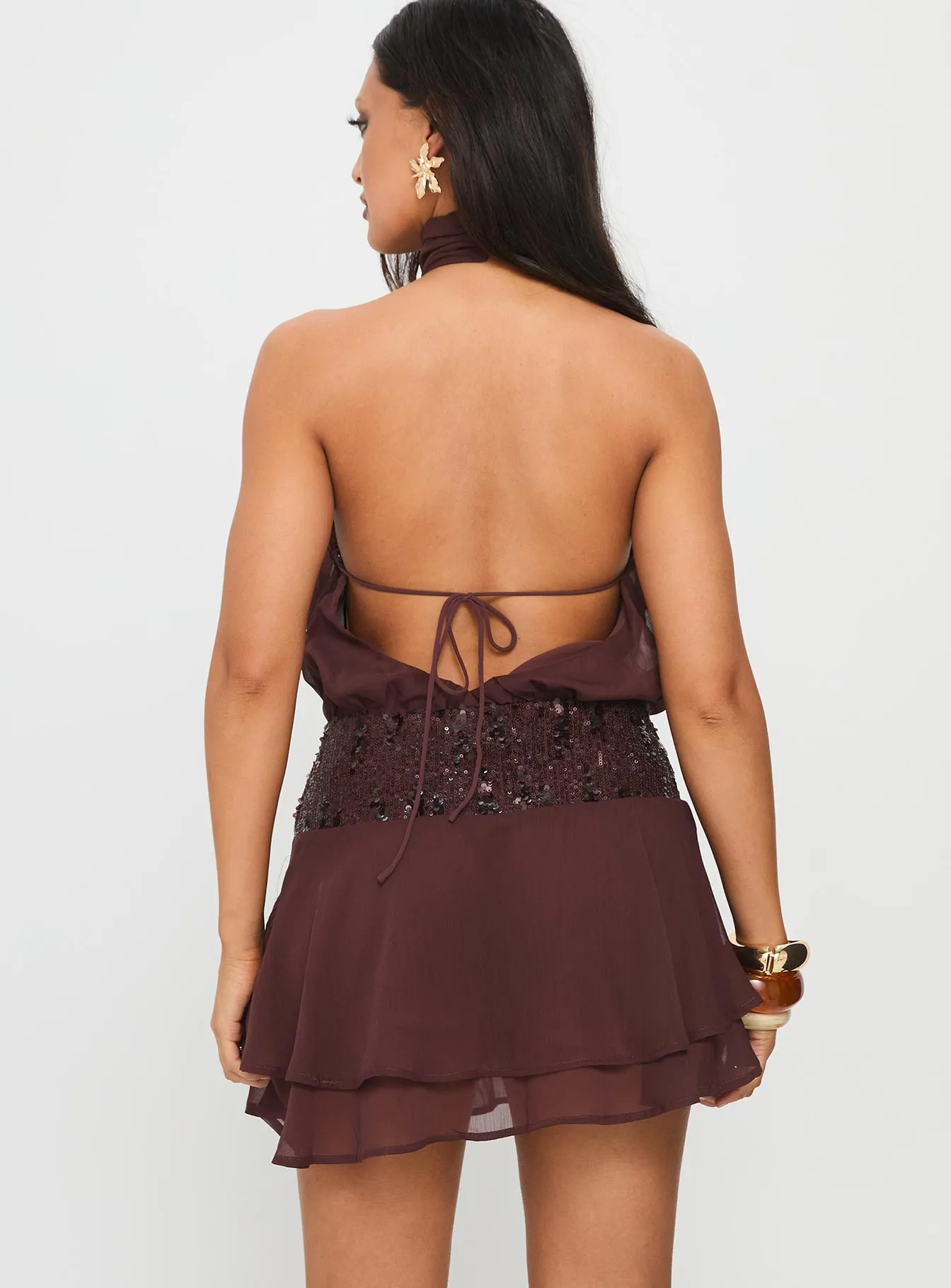 Zenayda Drop Waist Sequin Mini Dress Brown sold by Princess Polly product image thumbnail 5