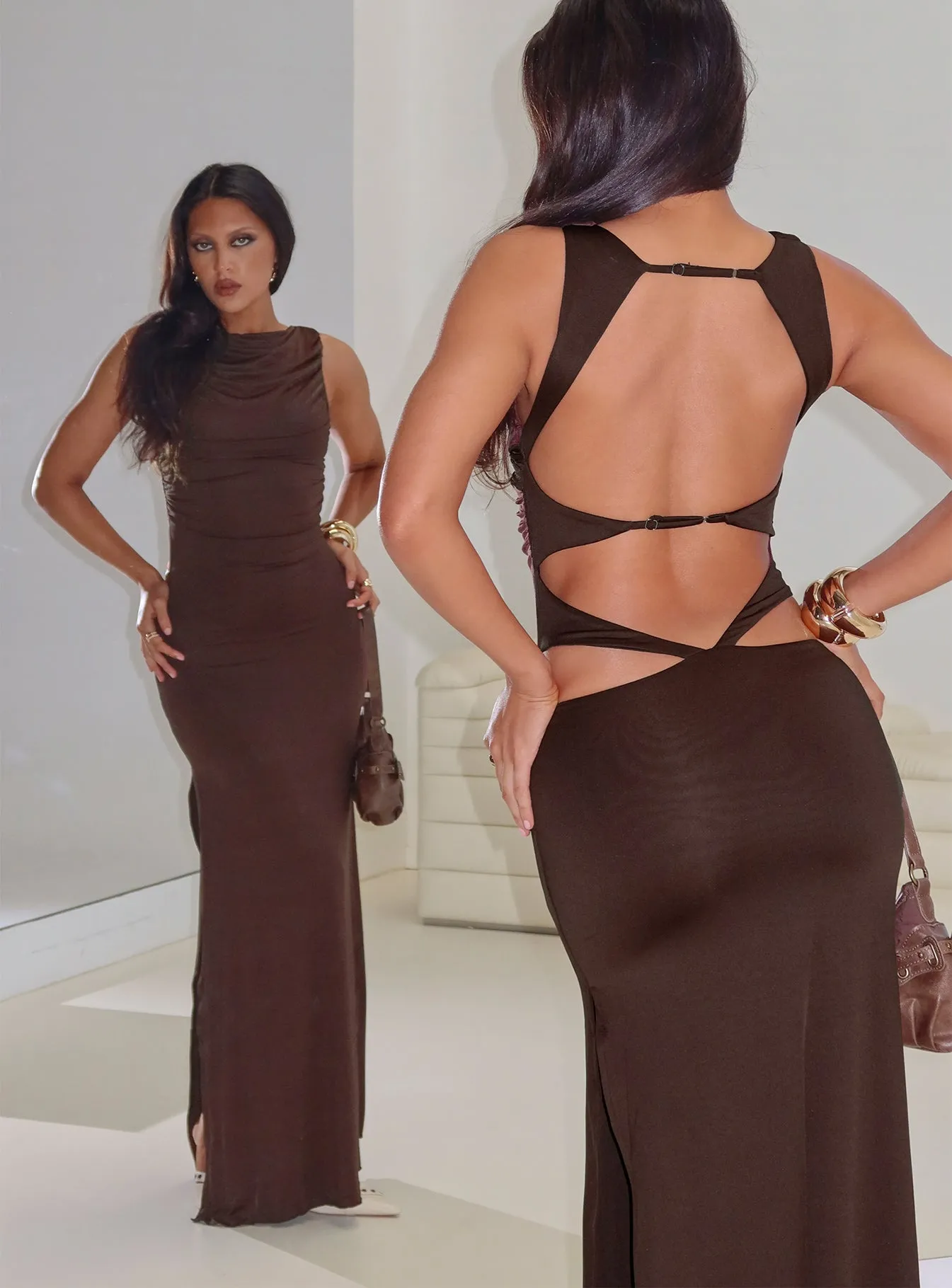 Undeniable Cut Out Maxi Dress Brown sold by Princess Polly