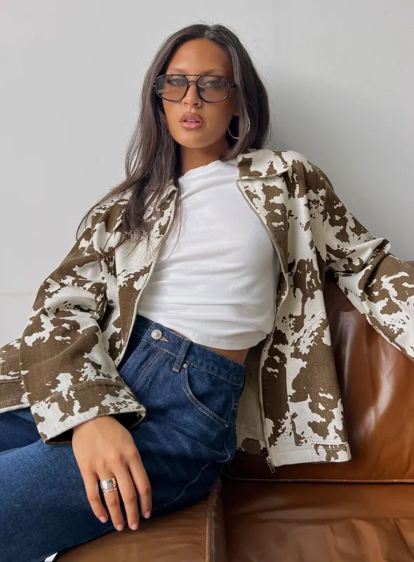 Another Life Zip Through Jacket Cow sold by Princess Polly