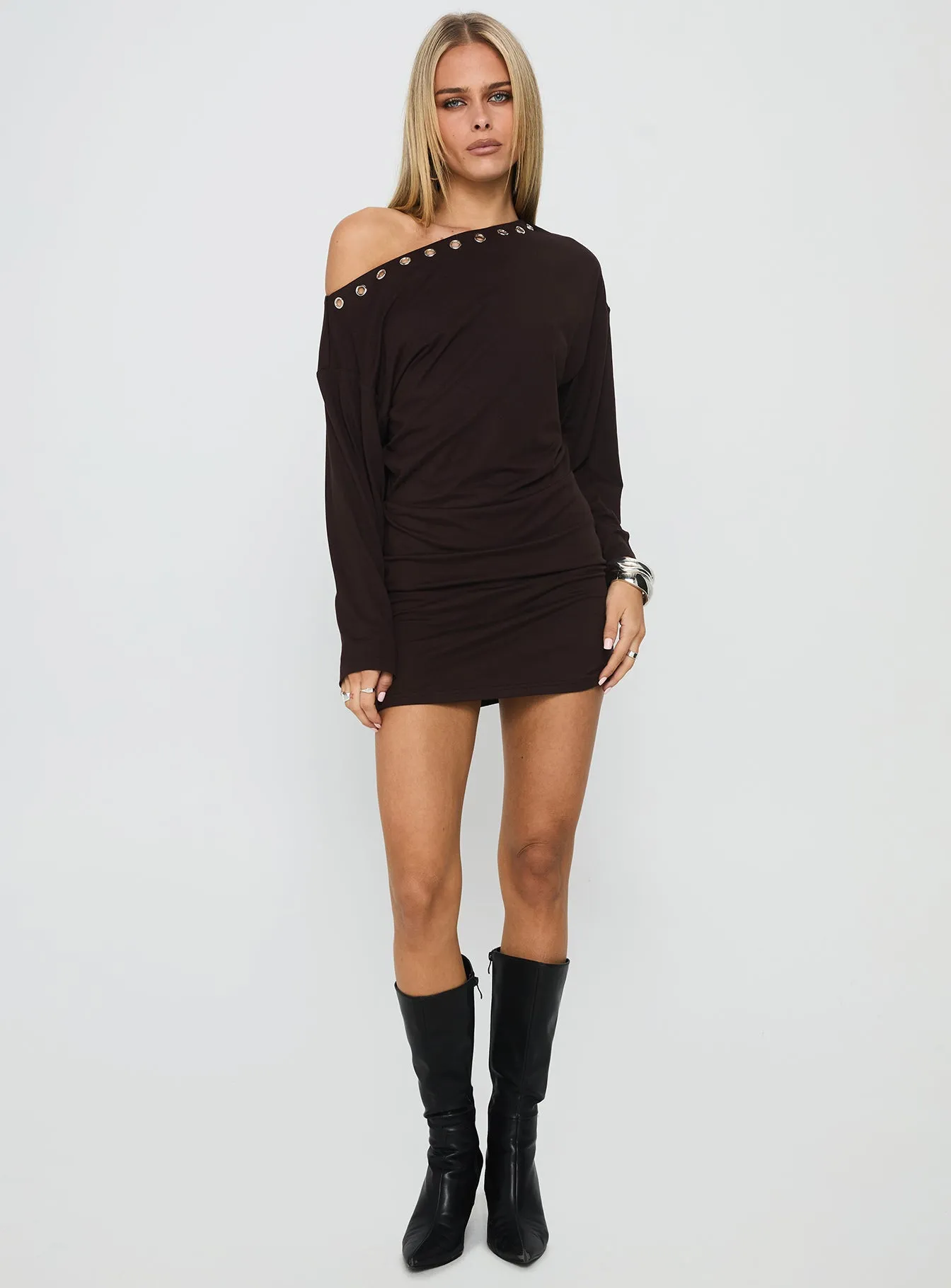 Sakaia Long Sleeve Eyelet Mini Dress Brown sold by Princess Polly product image thumbnail 3