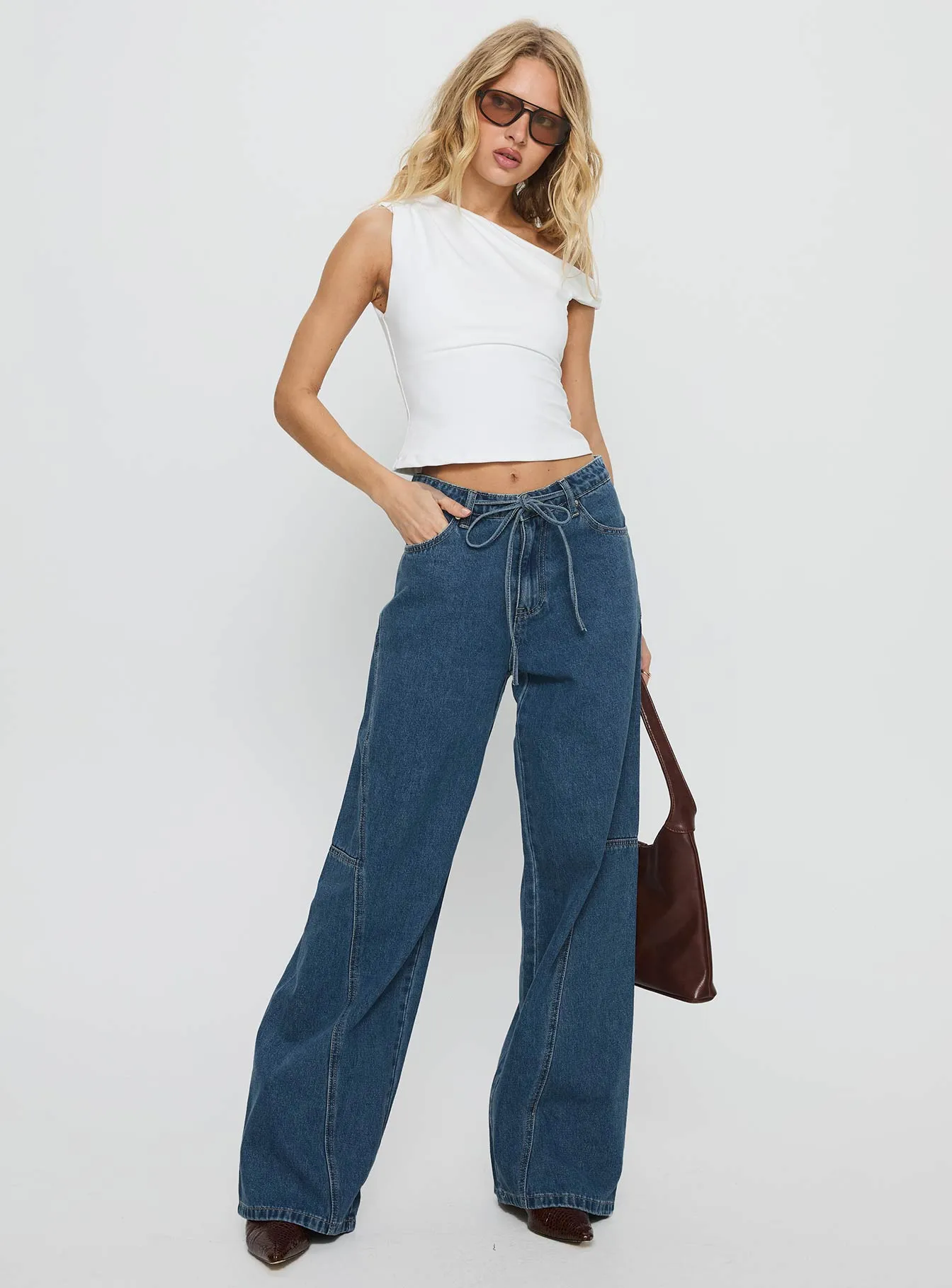 Bruiser Tie Waist Mid Rise Wide Leg Jeans Mid Blue Wash sold by Princess Polly product image thumbnail 3