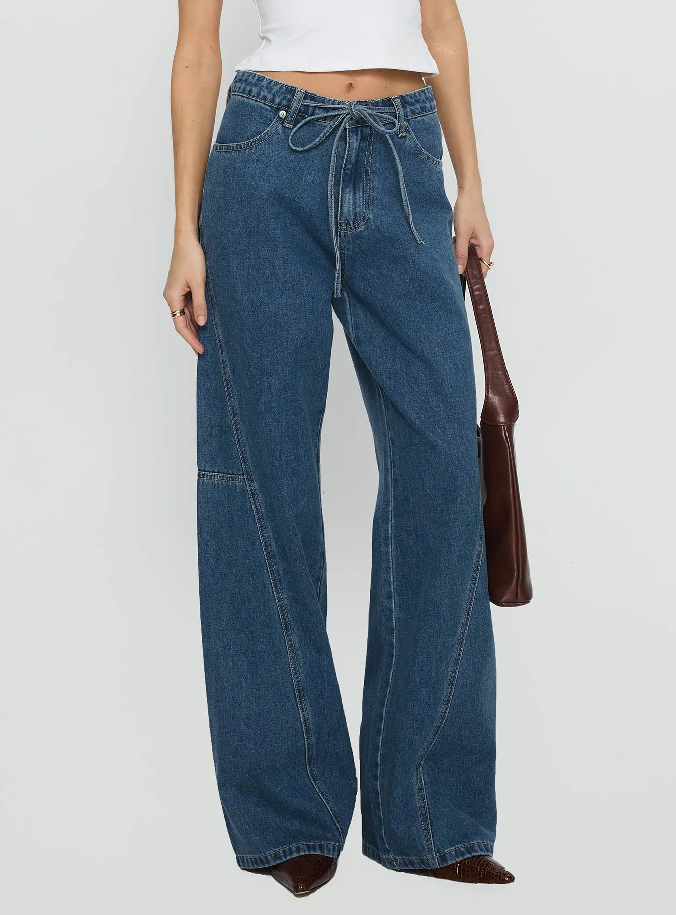 Bruiser Tie Waist Mid Rise Wide Leg Jeans Mid Blue Wash sold by Princess Polly product image thumbnail 2