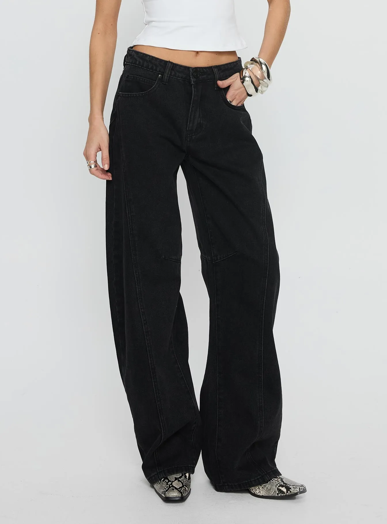 Lost Track Mid Rise Barrel Leg Jeans Washed Black sold by Princess Polly product image thumbnail 2
