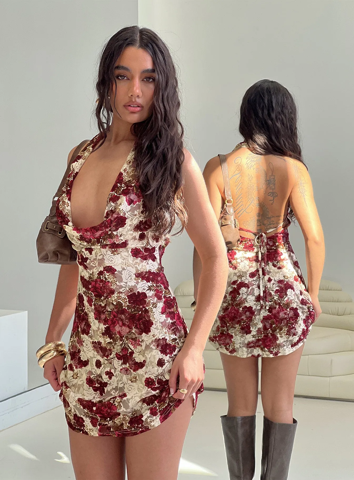 Salome Halter Cowl Neck Mini Dress Red Multi sold by Princess Polly