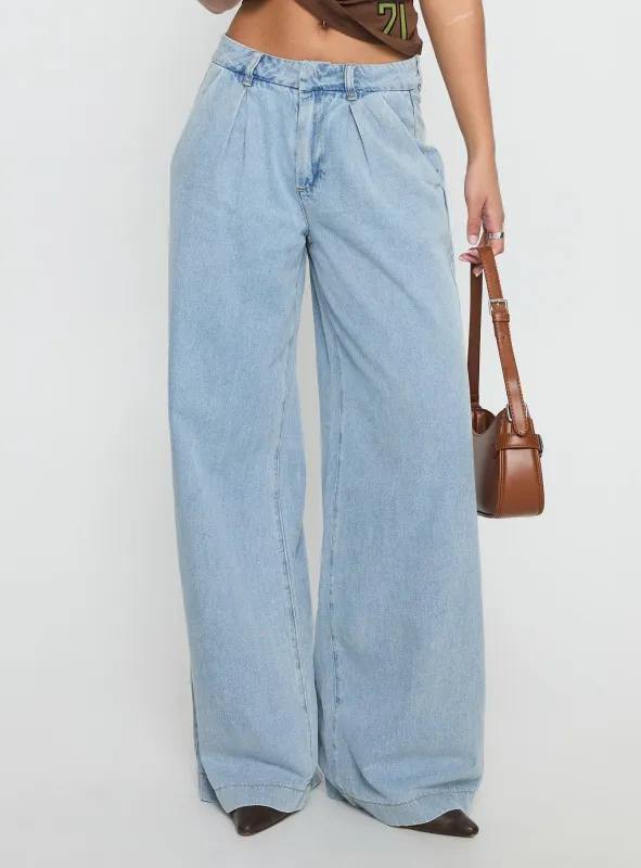 Siloh Mid Rise Wide Leg Denim Jeans Light Blue Wash sold by Princess Polly
