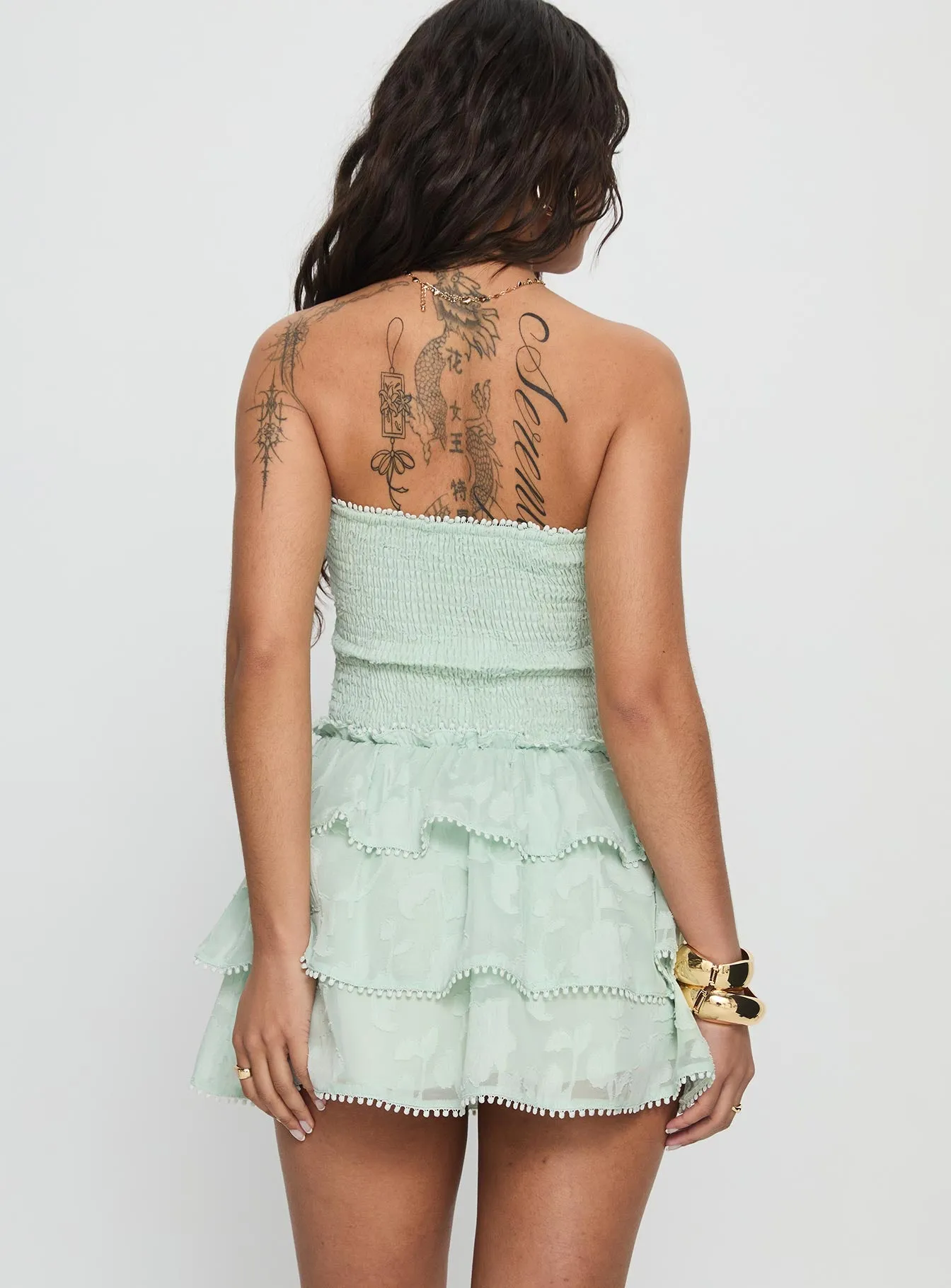 Sunkiss Frill Mini Dress Green Burnout sold by Princess Polly product image thumbnail 4