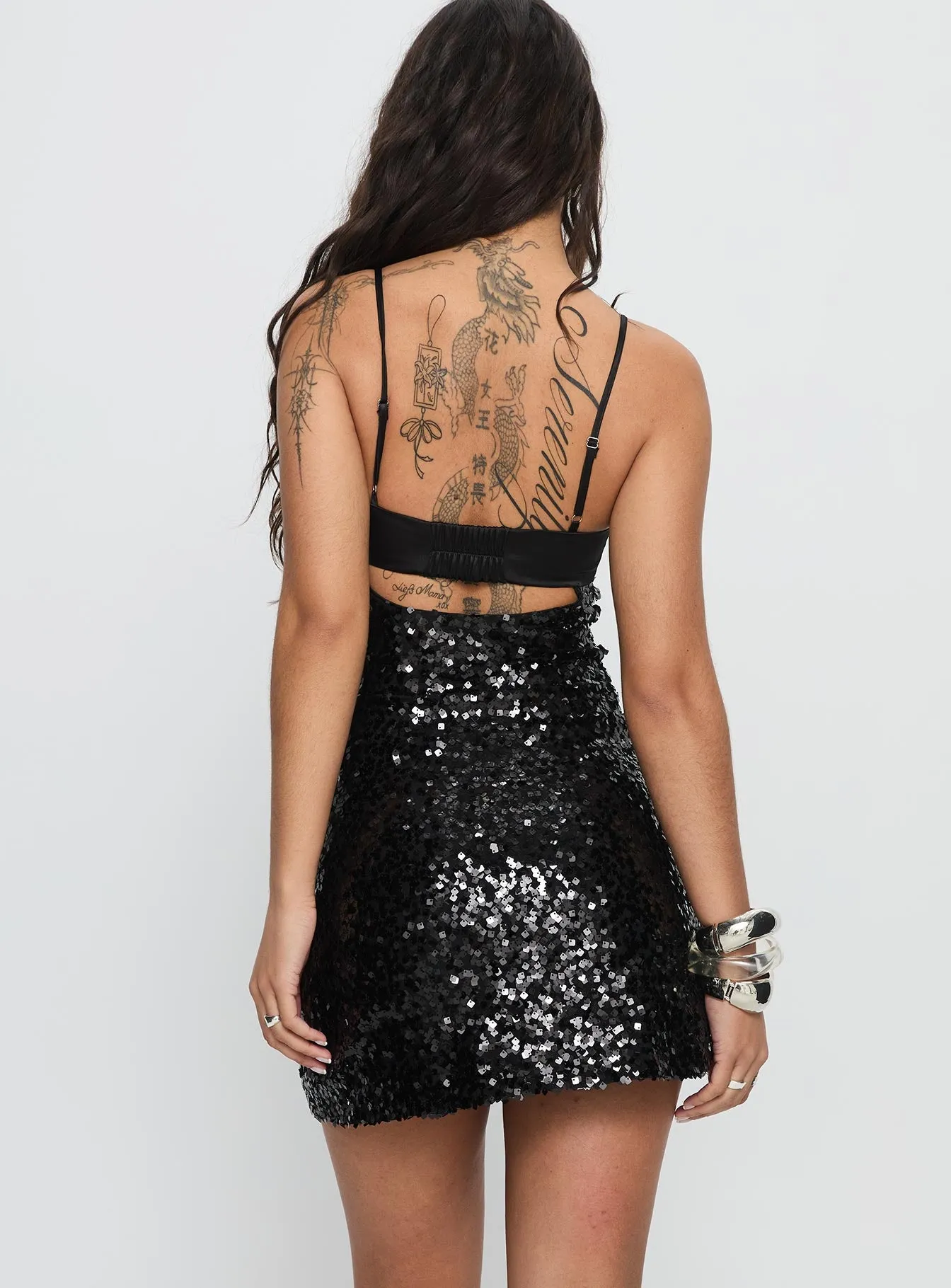 Alishia Satin Sequin Corset Mini Dress Black sold by Princess Polly product image thumbnail 5