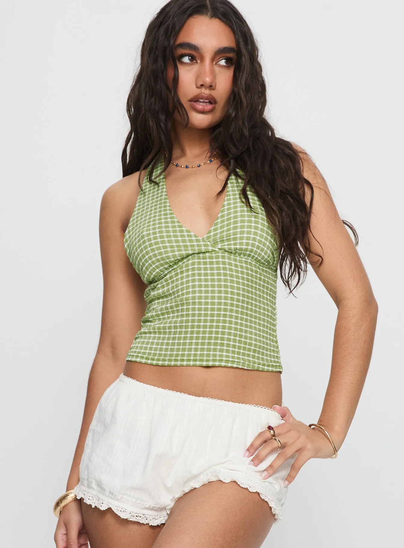 Whimsy Halter Top Sage Gingham sold by Princess Polly product image thumbnail 2