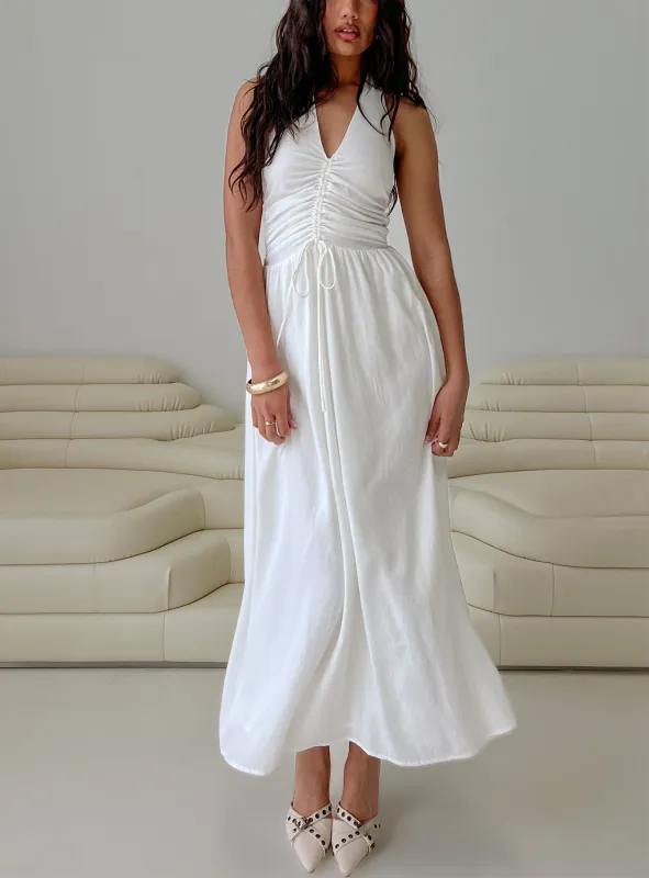 Jozefine Halter Ruched Maxi Dress White sold by Princess Polly