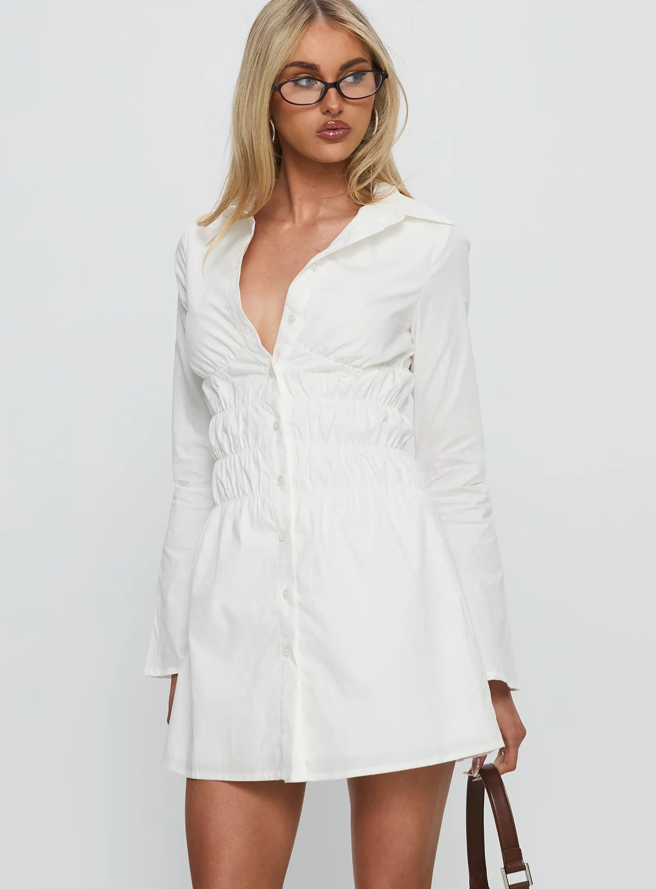 Stellaria Ruched Long Sleeve Mini Dress White sold by Princess Polly product image thumbnail 2