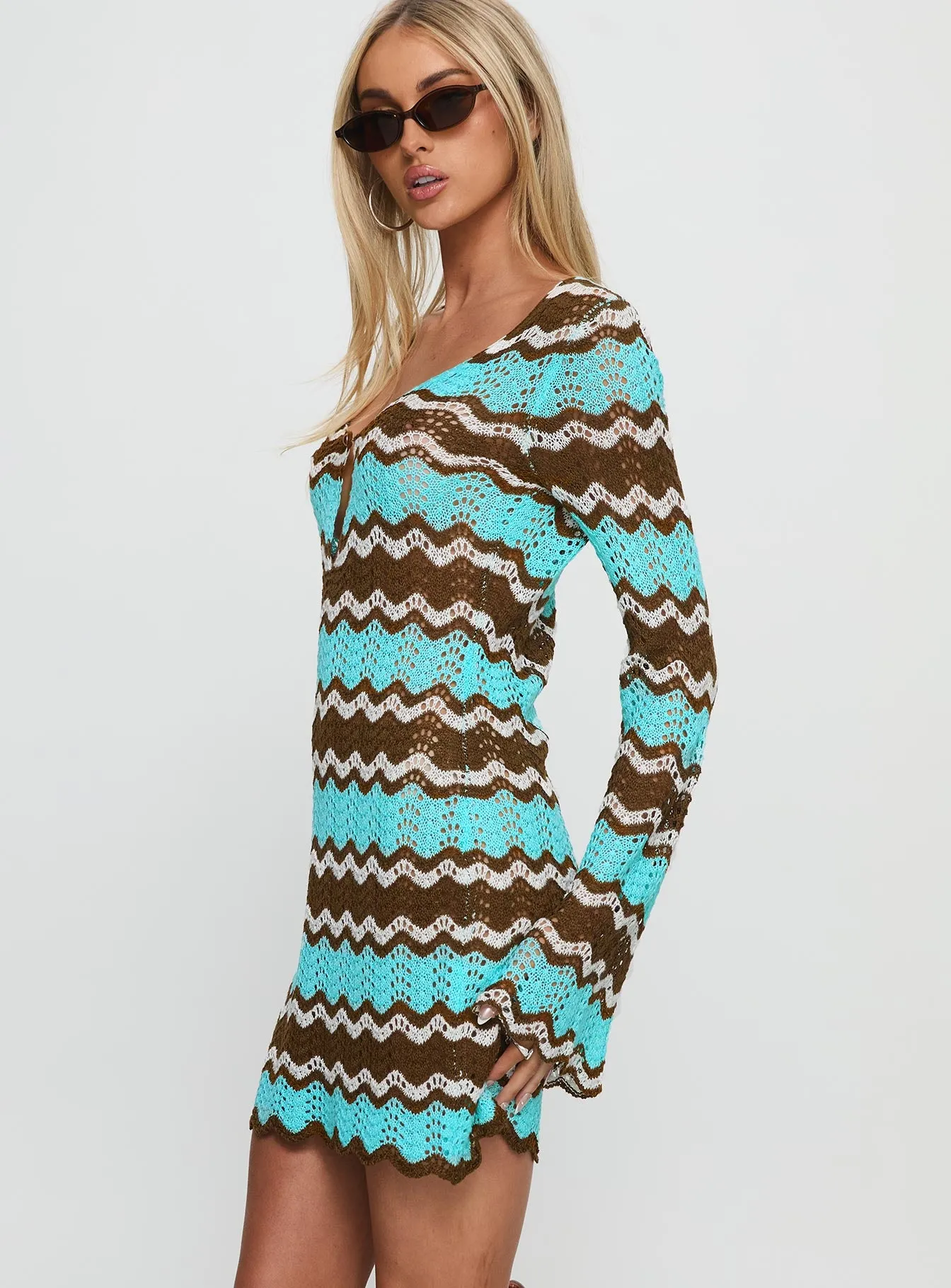Suka Long Sleeve Knit Mini Dress Brown / Blue sold by Princess Polly product image thumbnail 3