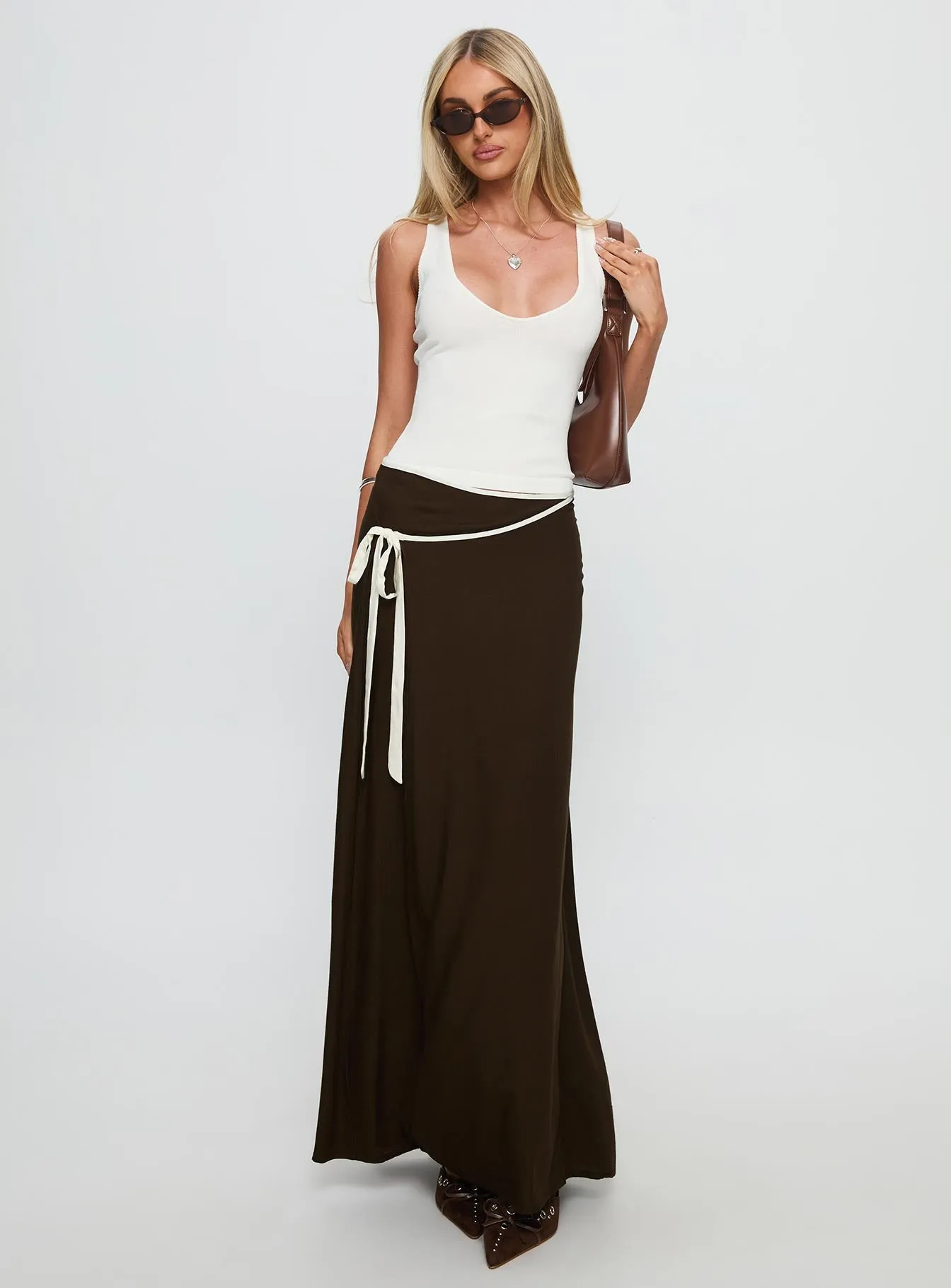 Keirah Contrast Wrap Maxi Skirt Chocolate / White sold by Princess Polly