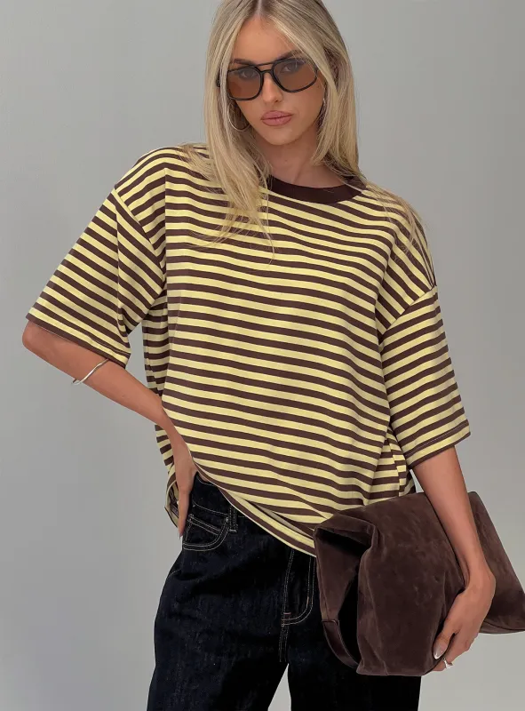 Keep Falling Short Sleeve Top Yellow / Brown Stripe sold by Princess Polly