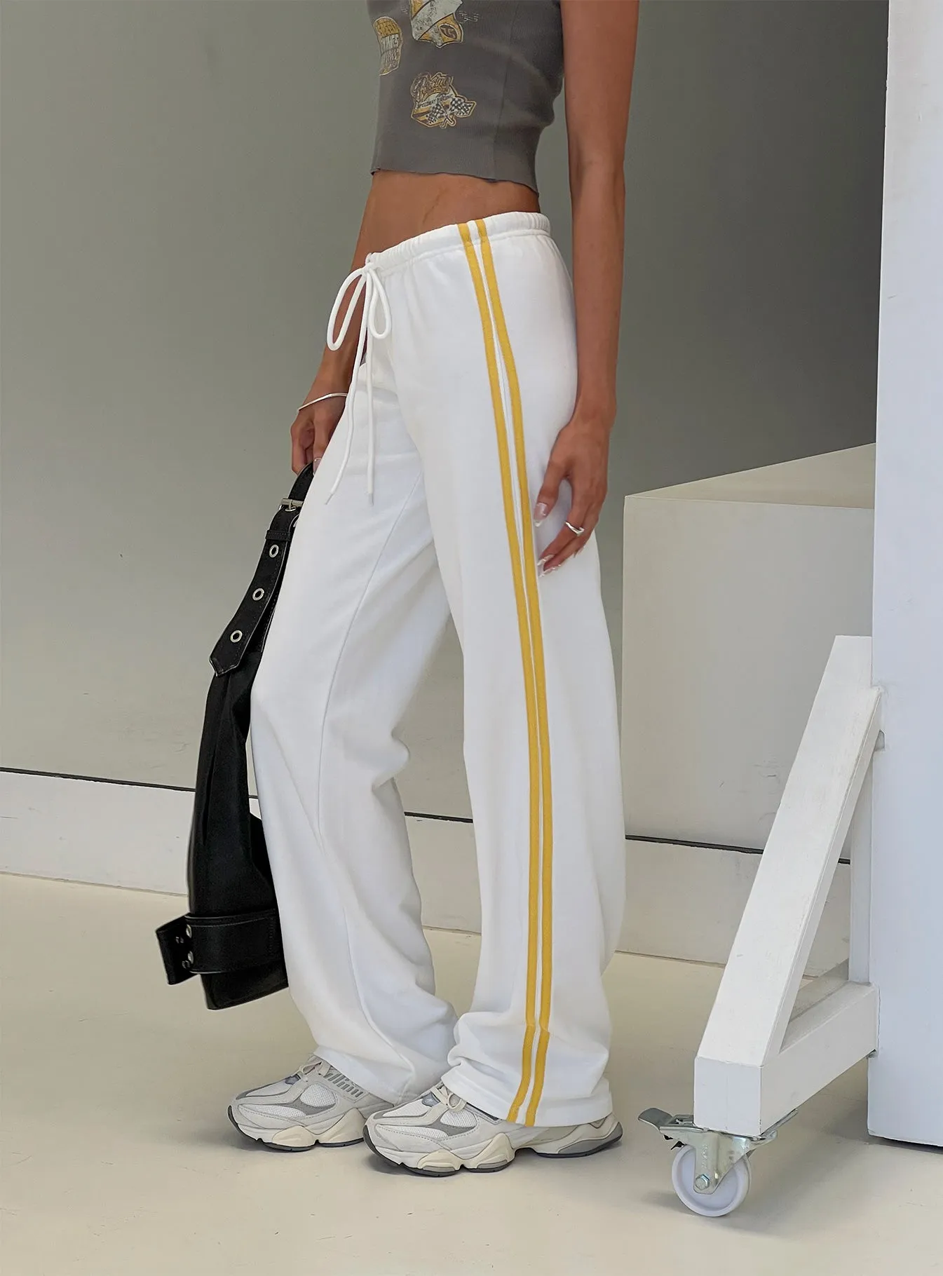 Elation Low Rise Straight Leg Track Pant White sold by Princess Polly
