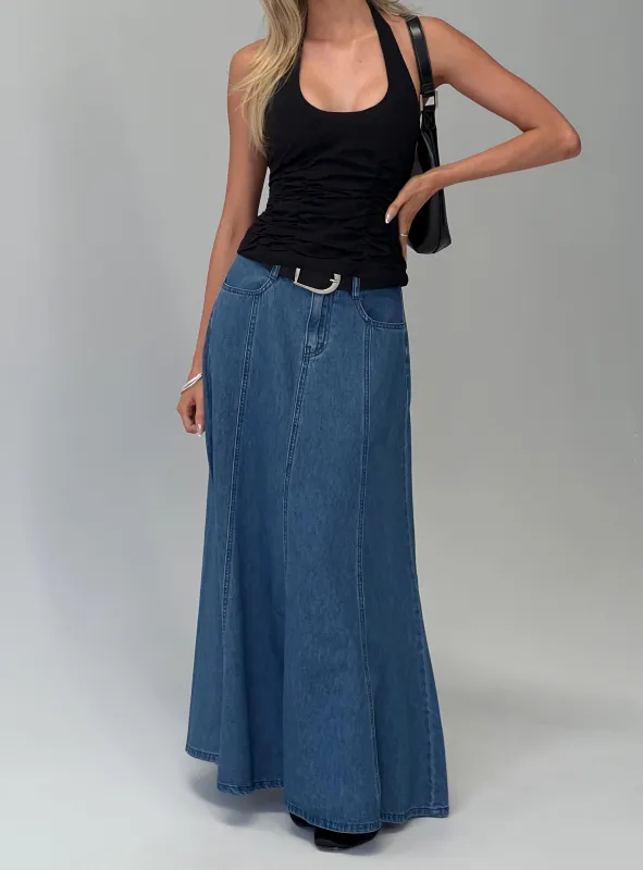 Charleigh Soft Pleat Denim Maxi Skirt Mid Blue Wash sold by Princess Polly