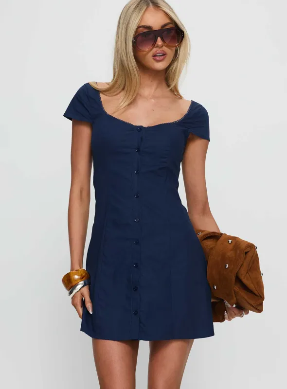 Marisella Button Down Mini Dress Navy sold by Princess Polly
