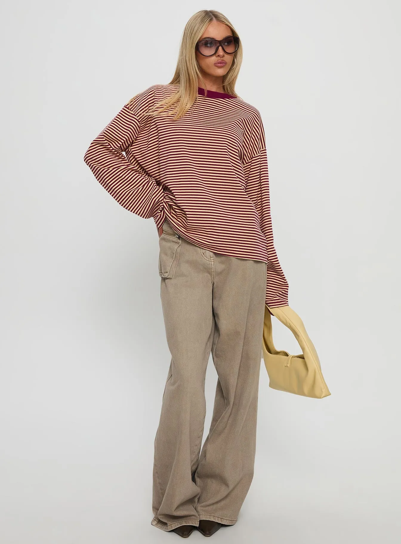 Settle Down Long Sleeve Top Lemon / Burgundy Stripe sold by Princess Polly product image thumbnail 3
