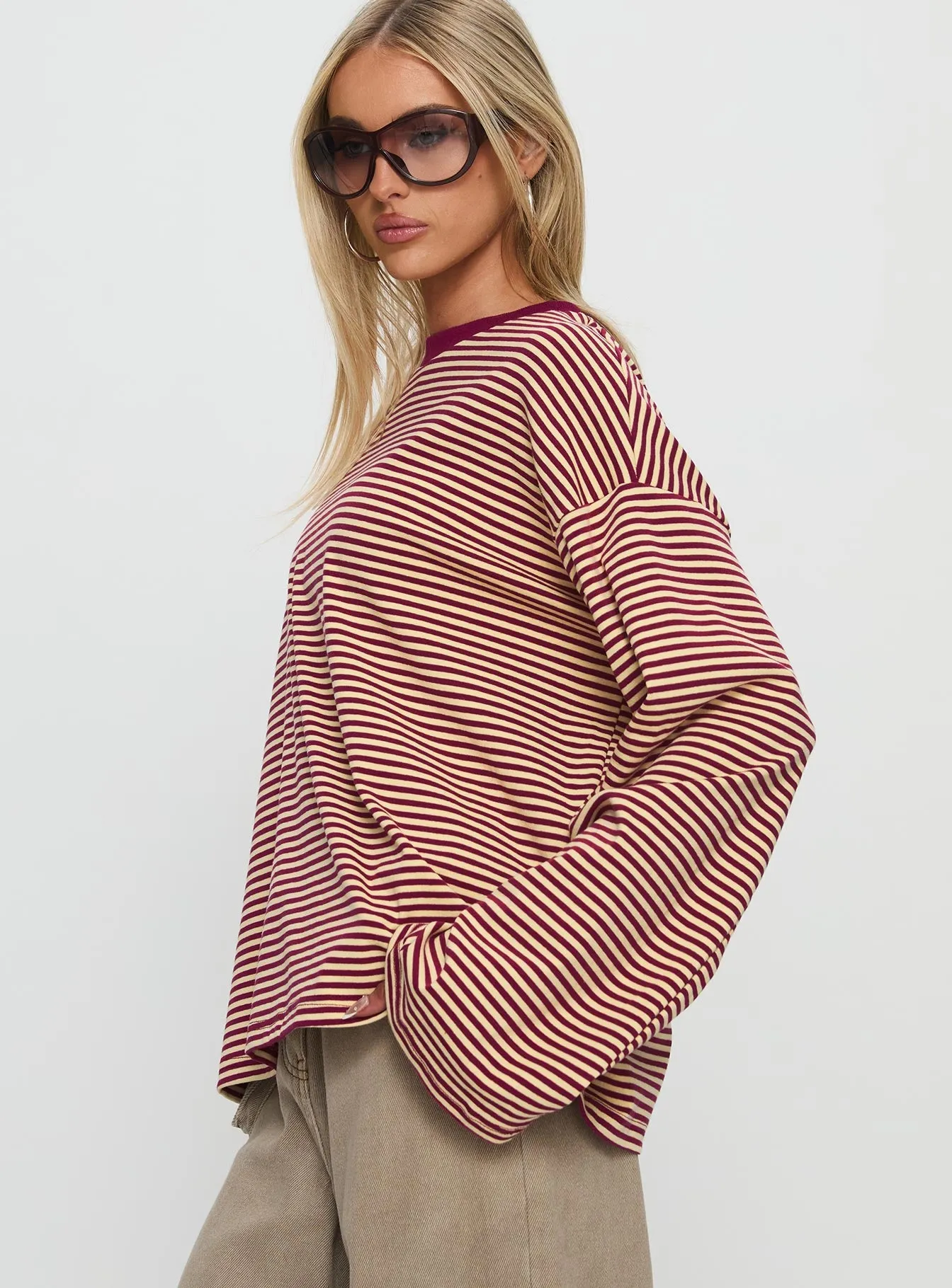 Settle Down Long Sleeve Top Lemon / Burgundy Stripe sold by Princess Polly product image thumbnail 4